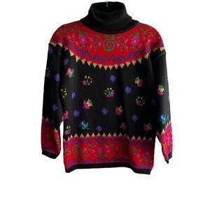 IVY Vintage Style Floral Turtle Neck Knit Sweater